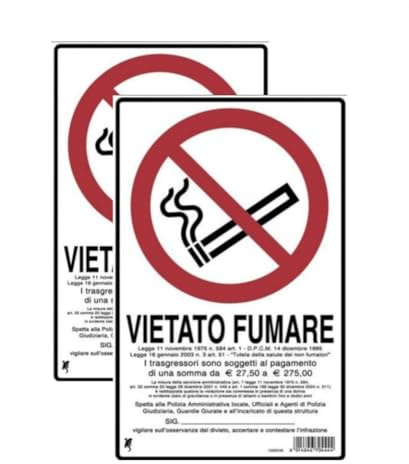 N° 2 CARTELLO SEGNALETICO IN PLASTICA 20X30 VIETATO FUMARE IMBUSTATO SINGOLARMENTE