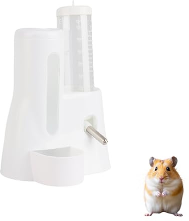 2 in 1 Hamster Water Bottle - Automatic Feeder Food Water Dispenser, Freestanding Cage Feeder with Food Bowl for Small Animals Like Gerbil, Rat, or Rabbit, Guinea Pig Water Bottle, White