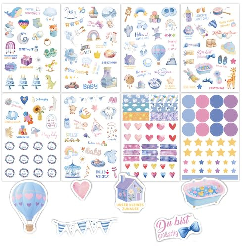 Goiern 8 Blatt Baby Scrapbooking Sticker Set mit 211 Aufklebern in verschiedenen Formen und Größen für Jungen Mädchen Tagebuch Deko Fotoalbum Basteln