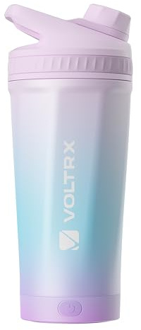 VOLTRX ChillMix Bouteille shaker isotherme en acier inoxydable – Mélangeur électrique rechargeable par USB C pour boissons protéinées et remplacement des repas, acier chromé (décoloration urora)