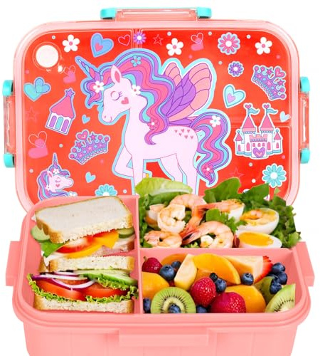 PinkSheep Bento Lunch Boxen für Kinder, 1200ml BPA-freie leckagesichere Kinder Lebensmittelbehälter mit 3 Fächern zurück zu Schulschülern Junge Mädchen (Fußball) (Einhorn)