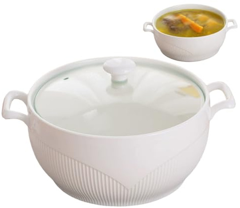 Sopera de sopa Tazones redondos de cerámica para servir de 2600 ml con tapas Tazones de sopa resistentes al calor con asas Apto para microondas para restaurante Cocina casera |.Accesorios de cocina