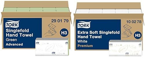 Tork Zickzack Papierhandtücher Grün 290179 & extra weiche Zickzack Papierhandtücher Premium 100278 – H3 Falthandtücher Bundle – 2-lagig, saugfähig, Advanced- & Premium-Qualität, weiß