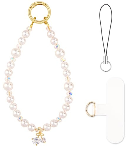 HONZUEN Dragonne Téléphone avec Perles et Cristal | Perles • Cristal • Dragonne courte • Accessoire téléphone • Filles et femmes