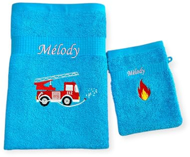Generisch Feuerwehr Handtuch Set mit Name Bestickt, 100% Baumwolle, 50x100 cm, Handtuch und Waschlappen, Frottier 500g/m², personalisierbar