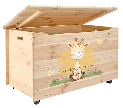 Pinus Spielzeugkiste personalisierbar 90x48x51 cm mit Deckel Rollen | Kiefernholz, Wunschname personalisiert, große Aufbewahrung, für Spielzeug Decken Erinnerungen, Kinderzimmer Geschenk Geburt