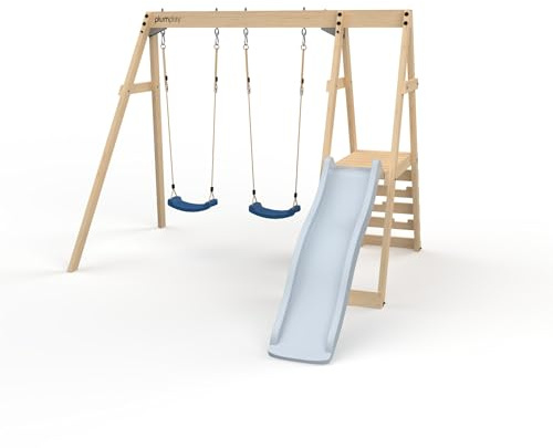 Plum Play Tamarin Wooden Garden Double Swing and Slide Childrens Outdoor Climbing Frame - 3 Years Plus - Max User 50kg per Accessory (Blue)