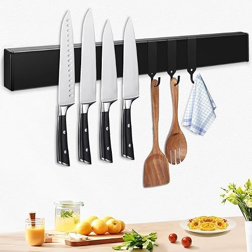 Danesso Hausware Magnetische Messerleiste 42 cm mit 3 Haken, Magnet Messerhalter Wand, Edelstahl Schwarz, Ohne Bohren, Selbstklebend, Küchenleiste für Messer & Küchenutensilien