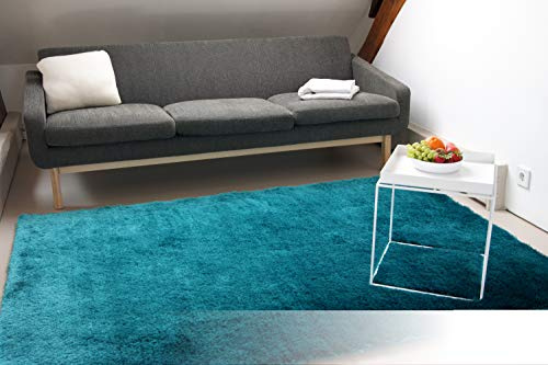 floor factory Exklusiver Hochflor Shaggy Teppich Satin türkis/blau 160x230 cm - edler, seidig glänzender Teppich