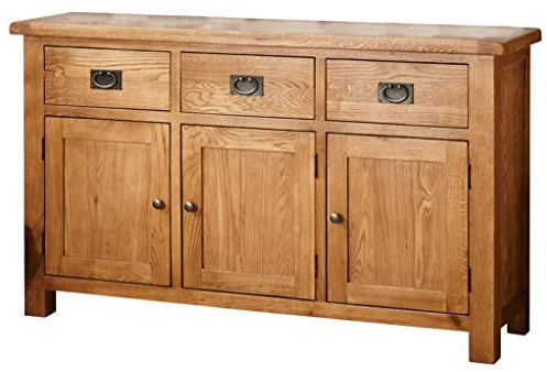 RoselandFurniture Zelah Oak Large Sideboard Cabinet for Living Room | Fully Assembled, Wooden Buffet 3 Door Cupboard with 3 Drawers, Waxed Finish, Rustic Country Style, H86cm W147.5cm D40cm
