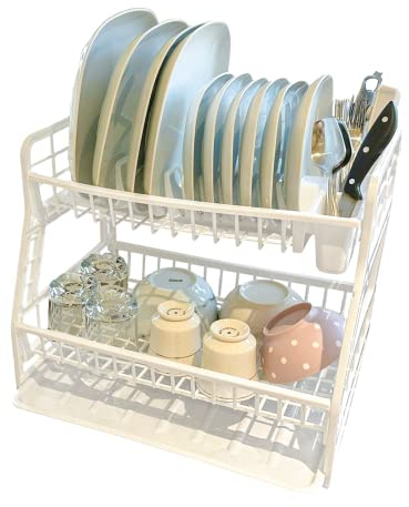 2 - Tier Dish Drainer Plate Rack Cup Cutlery Holder Plastic Dish Rack (White)