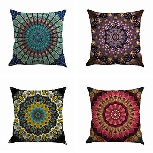 Jartinle Set of 4 Retro Floral Mandala Compass Medallion Bohemian Pillow Covers Boho Decor Hippie Throw Pillows Decorative for Sofa Couch 18 x 18