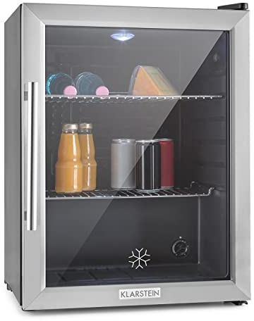 KLARSTEIN Nevera Pequeña Puerta Cristal Habitaciones, Nevera Portatil Electrica, Mini Nevera Pequeña para Bebidas, Frigorificos Pequeños 60L, Mini Frigorifico con Estantes, Neveras Pequeñas