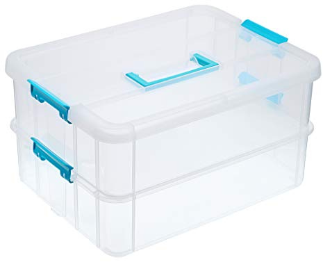 BTSKY 2 Layer Stack & Carry Box, Plastic Multipurpose Portable Storage Container Box Handled Organizer Storage Box for Organizing Stationery, Sewing, Art Craft, Jewelry and Beauty Supplies Blue