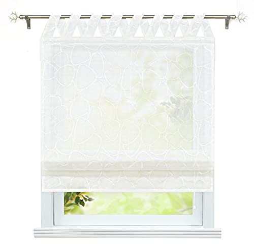 ESLIR Raffrollo mit Schlaufen Raffgardinen Transparent Küche Gardinen Landhaus Schlaufenrollo Leinen Vorhänge Bestickt V-Schlaufen Weiß BxH 120x140 cm 1 Stück