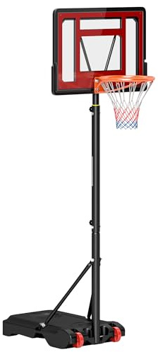 HOMCOM Canasta de Baloncesto Ajustable de 205-261 cm Portátil Rojo Negro | Aro de Baloncesto, Soporte de Acero, Base Rellenable, 2 Ruedas de Transporte, Exterior, Niños y Adultos