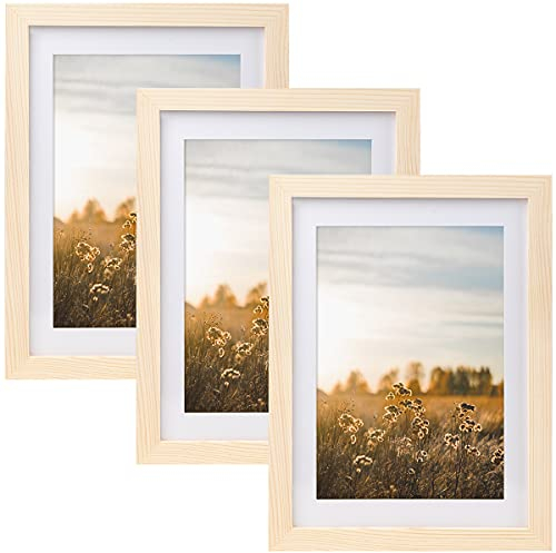 Juego de 3 marcos de fotos DIN A4, 21 x 30 cm, con paspartú, marco de madera MDF con cristal acrílico irrompible, retro, ideal para collage retratos y certificados (color madera)