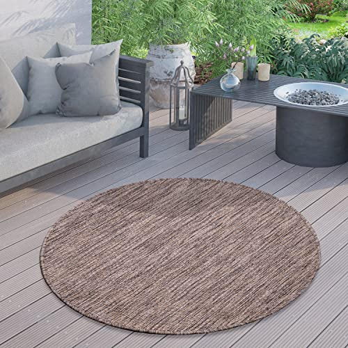 Paco Home Outdoor Teppich für Terrasse Balkon & Garten Flachgewebe Sisaloptik Modern Einfarbig Meliert Wetterfest Pflegeleicht, Grösse:80 cm Rund, Farbe:Taupe