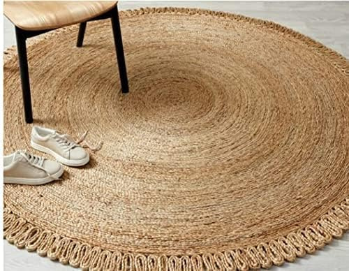 GRUHUM Handwoven Jute Area Rug 4 feet Round Natural Fiber Boho Soft Braided Rustic Vintage Beige Reversible Eco Friendly Rugs Farmhouse Indoor Outdoor Kitchen Bedroom Living Room Hallways (4'ft Round)