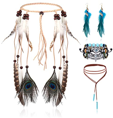 LOLIAS 4 Teiliges Indianer Kopf Schmuck Set Lederhalskette Und Feder Ohrringe Für Damen Handgefertigtes Armband Vintage Boho Hippie Tribal Mottoparty Karneval Schmuck