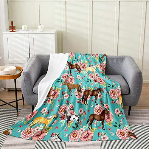 Erosebridal Mädchen-Überwurfdecke mit Pferdemotiv, 152 x 203 cm, rosa Blumen-Fleecedecke für Kinder, Galoppierpferd, flauschige Decke, Schlafzimmer-Dekor, Flanelldecke für Damen, Cowboy-Cowgirls