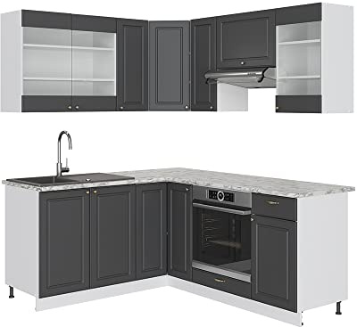Vicco Eckküche Fame-Line, Anthrazit-Gold/Weiß, 190 x 160 cm | 10 Module · Höhenverstellbare Füße · Ohne Arbeitsplatte · MDF-Fronten · Softclose · Metallgriffe