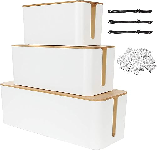 STARVAST Lot 3 Boîte Cache Câble, Boîte de Rangement Câbles Electriques avec Bois Couvercle, Boite Cache Multiprise pour Protection de Câble et Prise Electriques avec 20 Autocollants Double Face