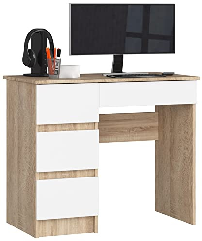 AKORD Schreibtisch A7 90 cm | 4 Schubladen Links | Computertisch | Für Zuhause | Für das Büro | Für die Arbeit | B90 x H77 x T50 cm | Gewicht 30,5 kg | Sonoma Eiche/Weiß
