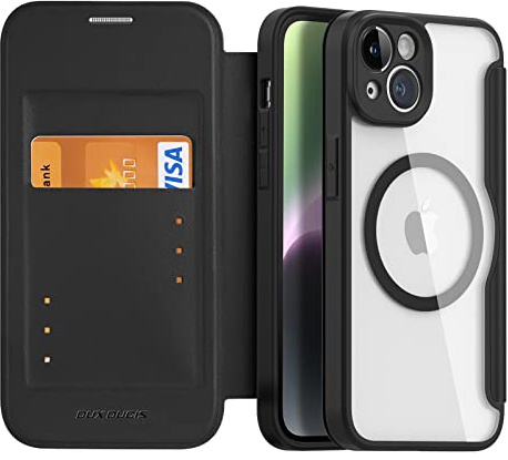DUX DUCIS Magnetisch Hülle für iPhone 14, [Kompatibel mit MagSafe] Premium Flip Leder Klar Stoßfest Schutzhülle Handyhülle für Apple iPhone 14 Klapphülle (Schwarz)