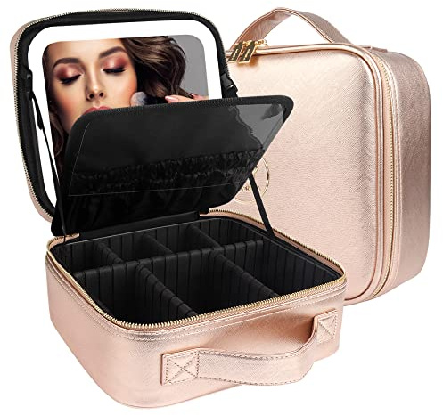 MOMIRA Reise-Make-up-Tasche Kosmetiktasche mit beleuchtetem Spiegel, Einstellbarer Helligkeit in 3 Farbszenarien, wasserdichte Makeup-Trainingsbox, Geschenk für Frauen - Champagner