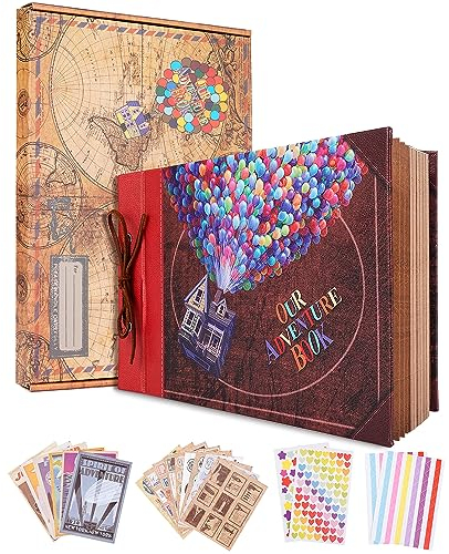 Our Adventure Book with Balloon, 11.6 x 7.5 inch Leather Cover Up Themed Vintage Scrapbook Album,Valentine's Day, Anniversary Wedding Gifts, Retro Craft Cardstock, 40 Pages (adventure book)