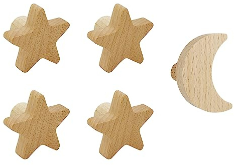 Tsnamay Moons and Stars Wooden Wall Hat Peg,5PCS Sets Wood Coat Hooks for Hanging Hats,Caps,Bags (4 x Stars + 1 x Moon)