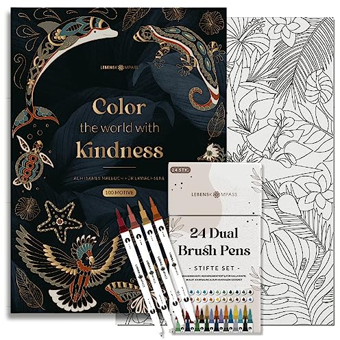 Lebenskompass® Malbuchset Malzauber für Erwachsene - XXL Malbuch mit Brush Pens - 100 kreative Mandala Motive - Achtsamkeit und Ruhe durch Ausmalbuch