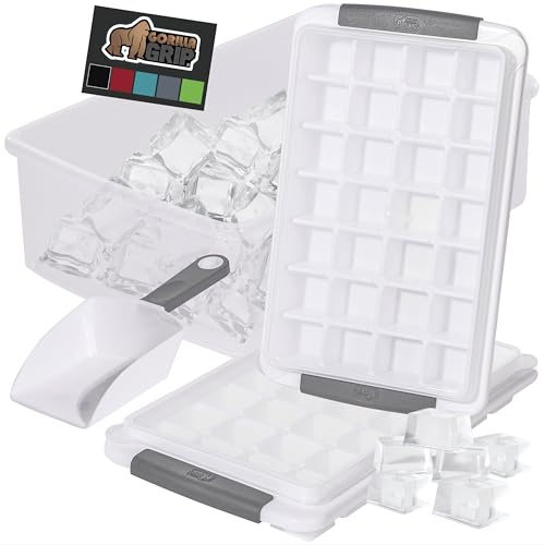 GORILLA GRIP BPA-Free Easy Release Ice Cube Tray for Freezer, Make Lots of Ice, 56 Cubes Total, Kit Includes 2 Stackable Leakproof Trays with Lid and Soft Handle Grips, Scooper, Bin, For Coffee, Gray