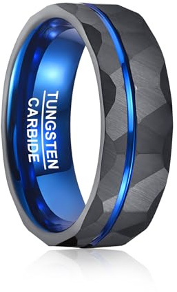 Vakki Ringe Herren Schwarz Wolfram Ring 8mm Gehämmerte Eheringe mit Blau Rille Zweifarbiger Herrenring für Hochzeit, Jahrestag, Geburtstag, Größe 65(20.7)