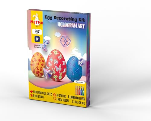 METMA 1999 Egg Decorating Kit Hologram - Complete Decorative Eggs Set with Liquid Dyes, Stickers, Egg Spinner, and More - Fun Easter Egg Dye Kit Arts and Crafts for Kids (Hologram Art)