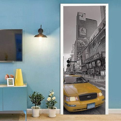 Türtapete Gelbes Auto Auf Der Stadtstraße 90 X 210 Cm Selbstklebend Türposter 3D Türaufkleber Fototapete 3D Effekt Türfolie Wandtattoo Wandbild - Diy Wohnzimmer Schlafzimmer Büro Wohnkultur Dekorat