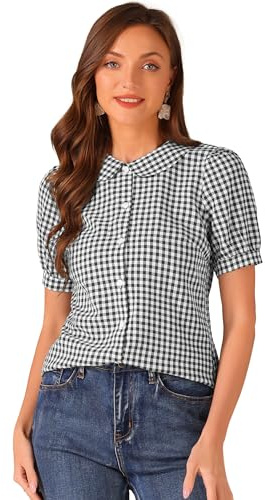 Allegra K Chemisier à Carreaux pour Femme à Manches Courtes et col Claudine Noir S