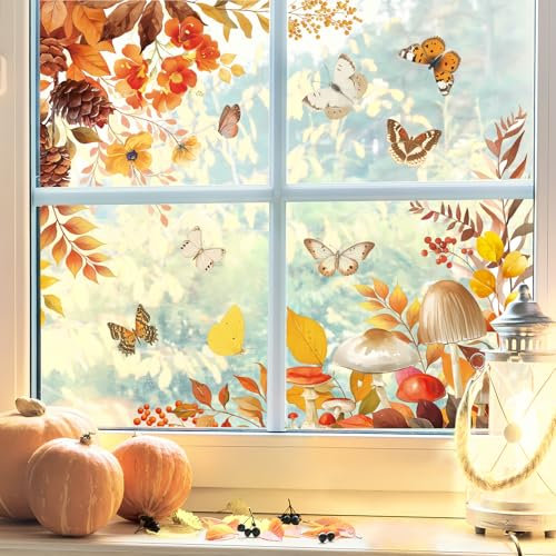 Tanlaby Fensterbilder Herbst Blätter Fensteraufkleber Blumen Schmetterling Pilz Fenstersticker Doppelseitige Statische Anti-Kollision Fensterdeko für Fenster Glas Tür