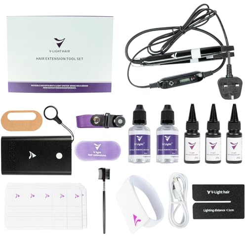 v light hair extensions machine kit v light hair connector, v light glue * 3, Glue Remover Solution*2, 2 packs of hair extension film, and 1 hair extension comb