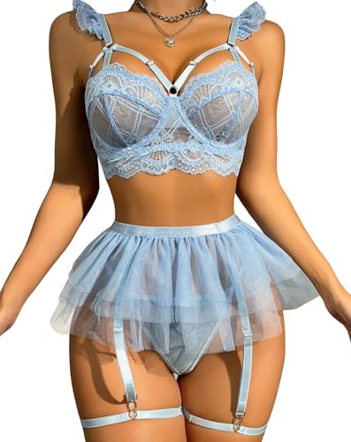 EVELIFE Conjunto de lencería para mujer con liguero, ropa interior sexy gótica de encaje, 4 piezas, babydoll de cintura alta, ligueros, lencería sin medias, azul claro, S