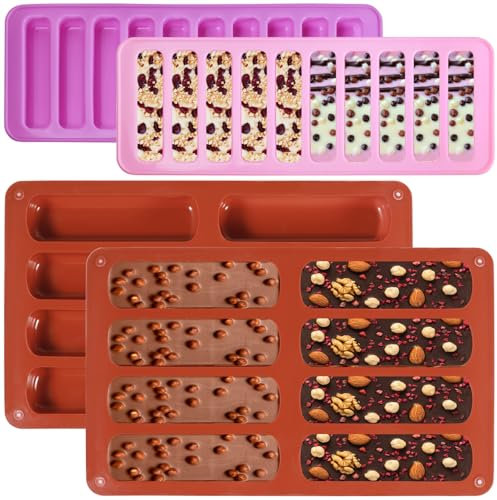 4PCS Silicone Granola Bars Mould, Chocolate Bar Moulds, 8 and 10 Cavity, Silicone Cake Moulds for Baking, Anti-Stick, Easy Demoulding,for Baking Bread Brownie Cheesecake Butter Soap