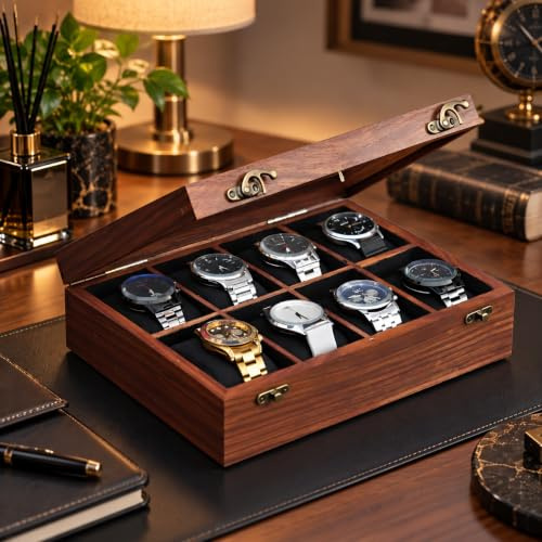 Union Artition Arts klockbox organiserare för män och kvinnor, trä klocklåda, klocklåda för män, 8 spår, klockbox med bygg med massivt indiskt rosenträ, organiseringslåda visningsfodral 8 spår (brun)