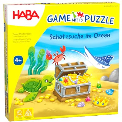 HABA Game & Puzzle – Schatzsuche im Ozean – Perfekte Kombination für Spiel- und Puzzlefans – Mit 30 Glitzernuggets und fantasievollem Wimmelbild – Für Kinder ab 4 Jahren – 2011723001