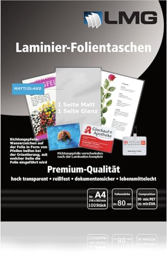100 Matt-Glänzende Laminierfolien- 80 micron je Seite, 1 Seite Matt, eine Glänzend, Entspiegelt (125 MIC, DIN A3)