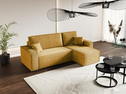 AlpiMeble L-förmiges Sofa Carlos - Modern Couch mit Stauraum - Ecksofa mit schlaffunktion - Eleganter Poso-Stoff - Gelb - 244x142x95 cm