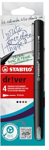 STABILO dr!ver - Premium Felt-Tip Pen - Medium - Pack of 4 - Black, Blue, Green, Red