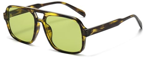 qinqilanqi-S Retro Sonnenbrille für Männer Frauen Klassisch 70er Jahre Vintage Rechteckig Überdimensioniert Quadratische Sonnenbrille Double Bridge (Leopard/grün)