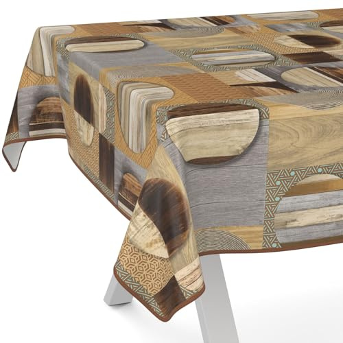ANRO Nappe en toile cirée - Lavable - Nappe de table de jardin - Imperméable - Avec ourlet (bordé) - Bois patchwork - Marron - 160 x 140 cm