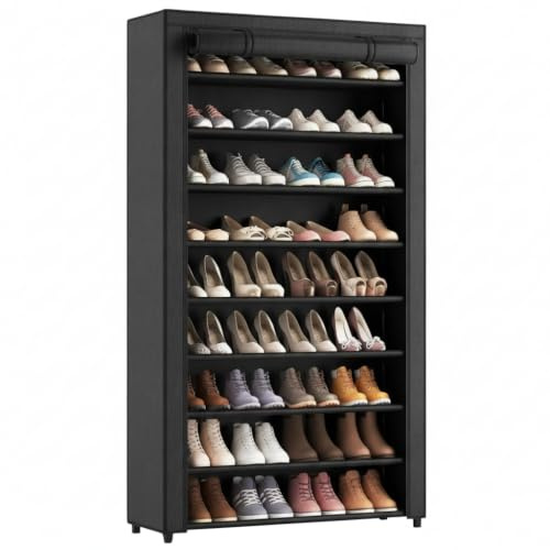 Brixy XXL Schuhregal mit 9 Ebenen für bis zu 54 Paar Schuhe, 160x100x28 cm, Staubschutzhülle, Schwarz